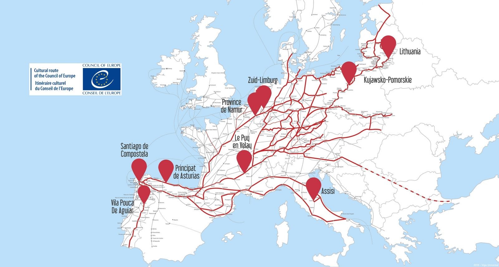 Les chemins de Compostelle, premier « Itinéraire culturel du Conseil de l'Europe » certifié en 1987. Les chemins de Compostelle, premier « Itinéraire culturel du Conseil de l'Europe » certifié en 1987.