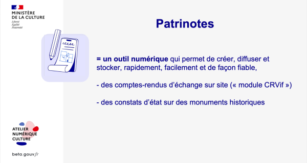 Patrinotes : une suite d&rsquo;outils num&eacute;riques en mobilit&eacute; pour faciliter le travail de terrain, notamment le contr&ocirc;le scientifique et technique sur les monuments historiques