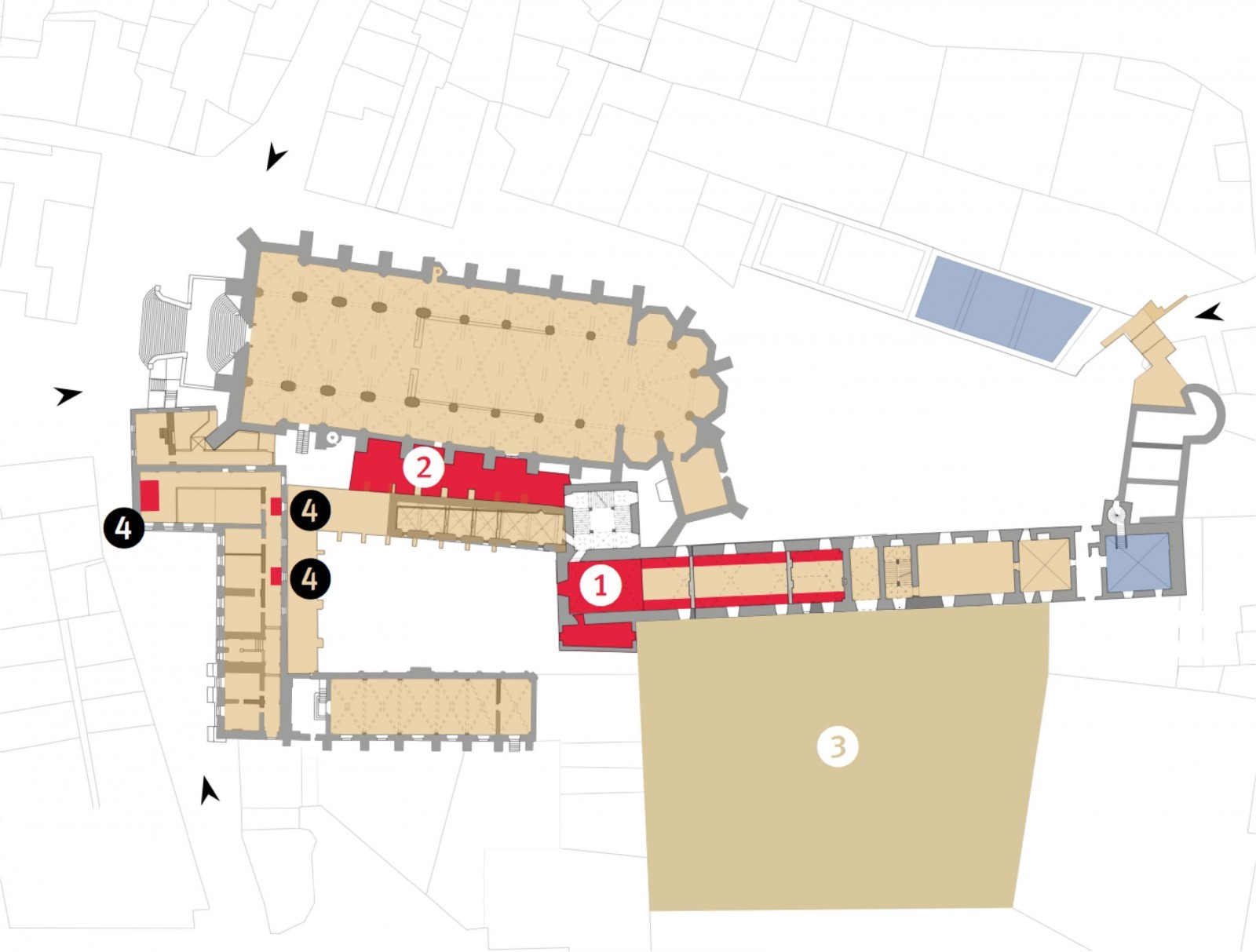 Plan de l’ensemble abbatial : 1, la chapelle restaurée, 2, les espaces pédagogiques, 3, la place de l’écho, 4 les accès publics