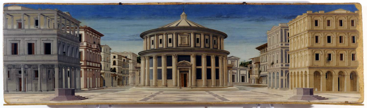 Cité idéale d’Urbino 1480-1490 ; auteur inconnu (longtemps attribué à Pierro della Francesca),  Galleria Nazionale delle Marche, Palais ducal d’Urbino. Source Wikimedia.