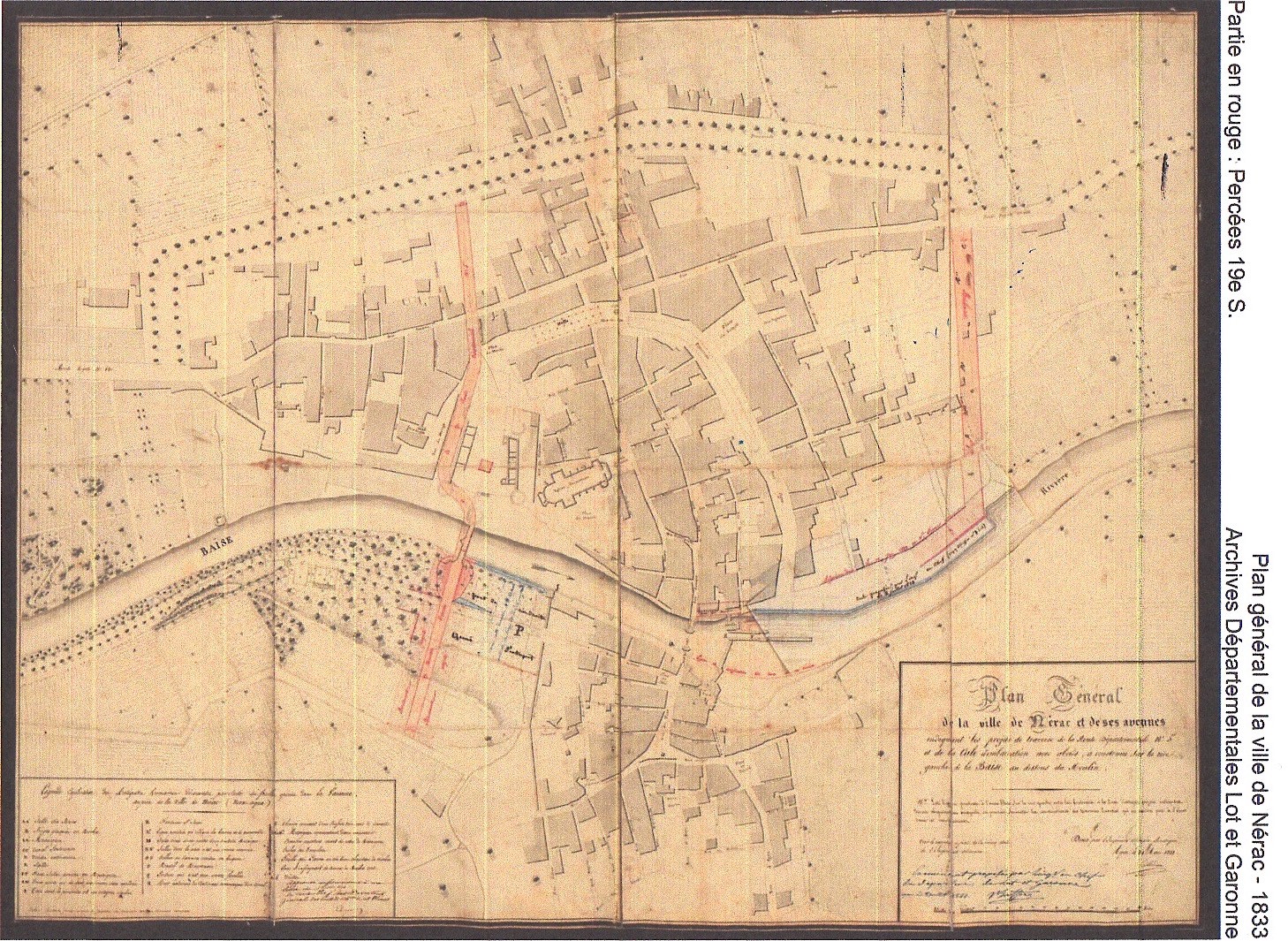 En rouge, les percées du XIXe siècle. Plan général de la ville de Nérac en 1833. Archives du département Lot et Garonne.
