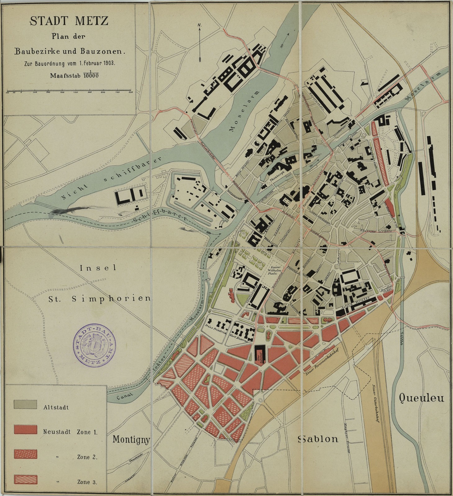 Plan de zonage accompagnant la nouvelle police de construction de la ville de Metz au 1er février 1903 (Archives municipales de Metz, MC 464).
