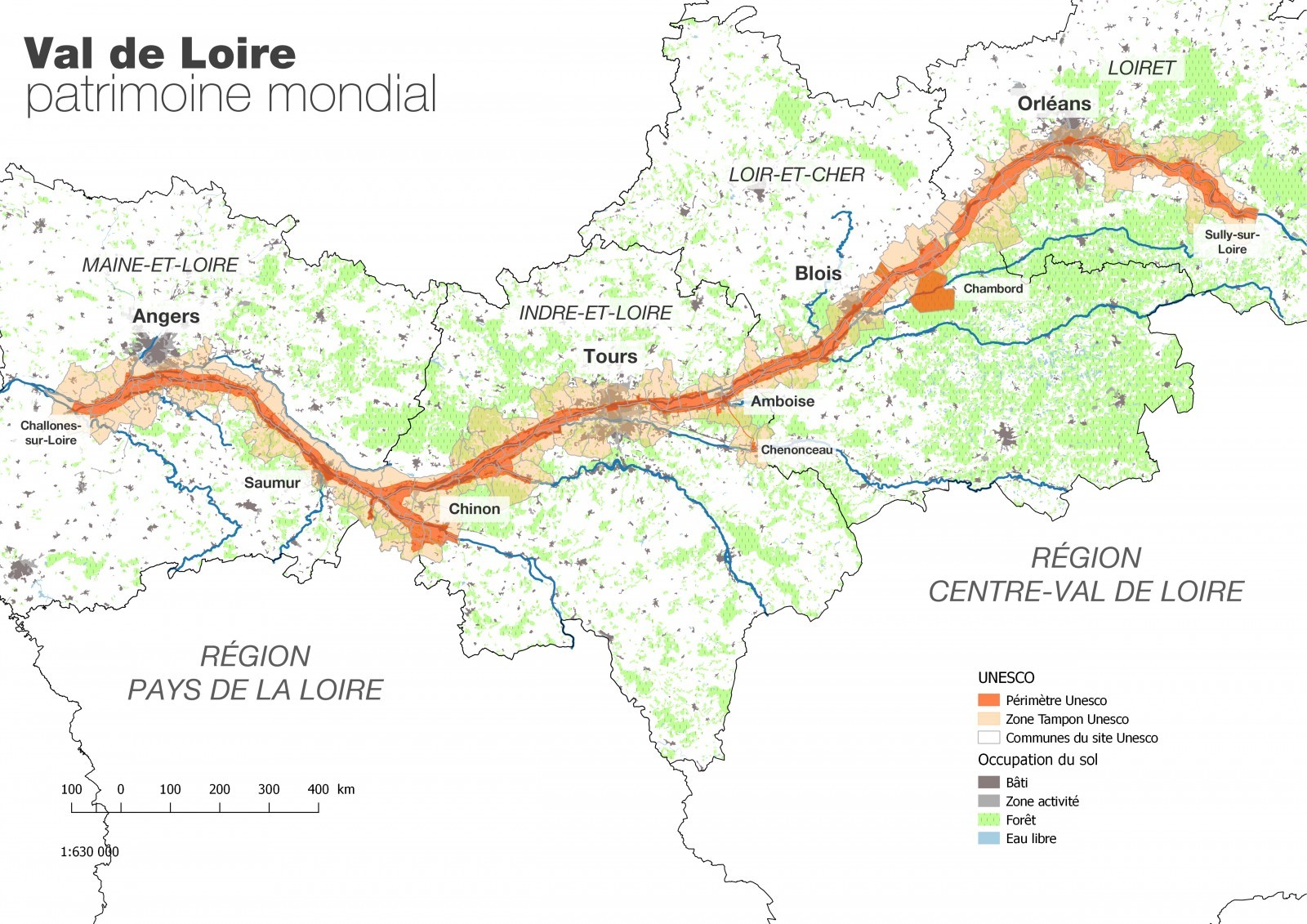 Carte du fleuve Loire et du périmètre inscrit sur la liste du patrimoine mondial. Le périmètre inscrit s’étend sur un territoire qui comprend 157 communes réparties sur 4 départements et 2 régions, depuis Sully-sur-Loire en amont jusqu’à Chalonnes-sur-Loire en aval. 2 métropoles (Orléans et Tours), 1 communauté urbaine (Angers Loire Métropole), 2 communautés d’agglomération (Blois-Agglopolys et Saumur Val de Loire) et 13 communautés de communes accueillent plus d’1,2 millions d’habitants.  Source : Mission Val de Loire Patrimoine mondial